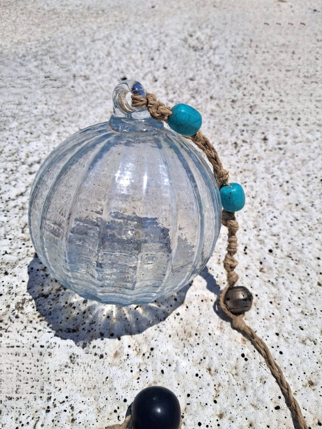 Pearlescent Blue Hand Blown Glass Friendship Ball 4 Inch with Hemp Cord & Beaded Hanger