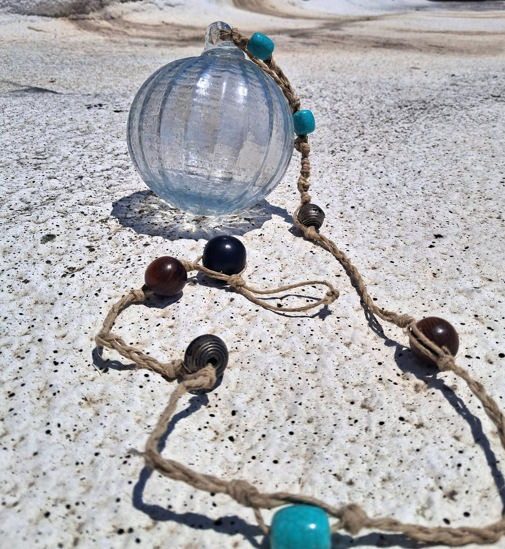 Pearlescent Blue Hand Blown Glass Friendship Ball 4 Inch with Hemp Cord & Beaded Hanger
