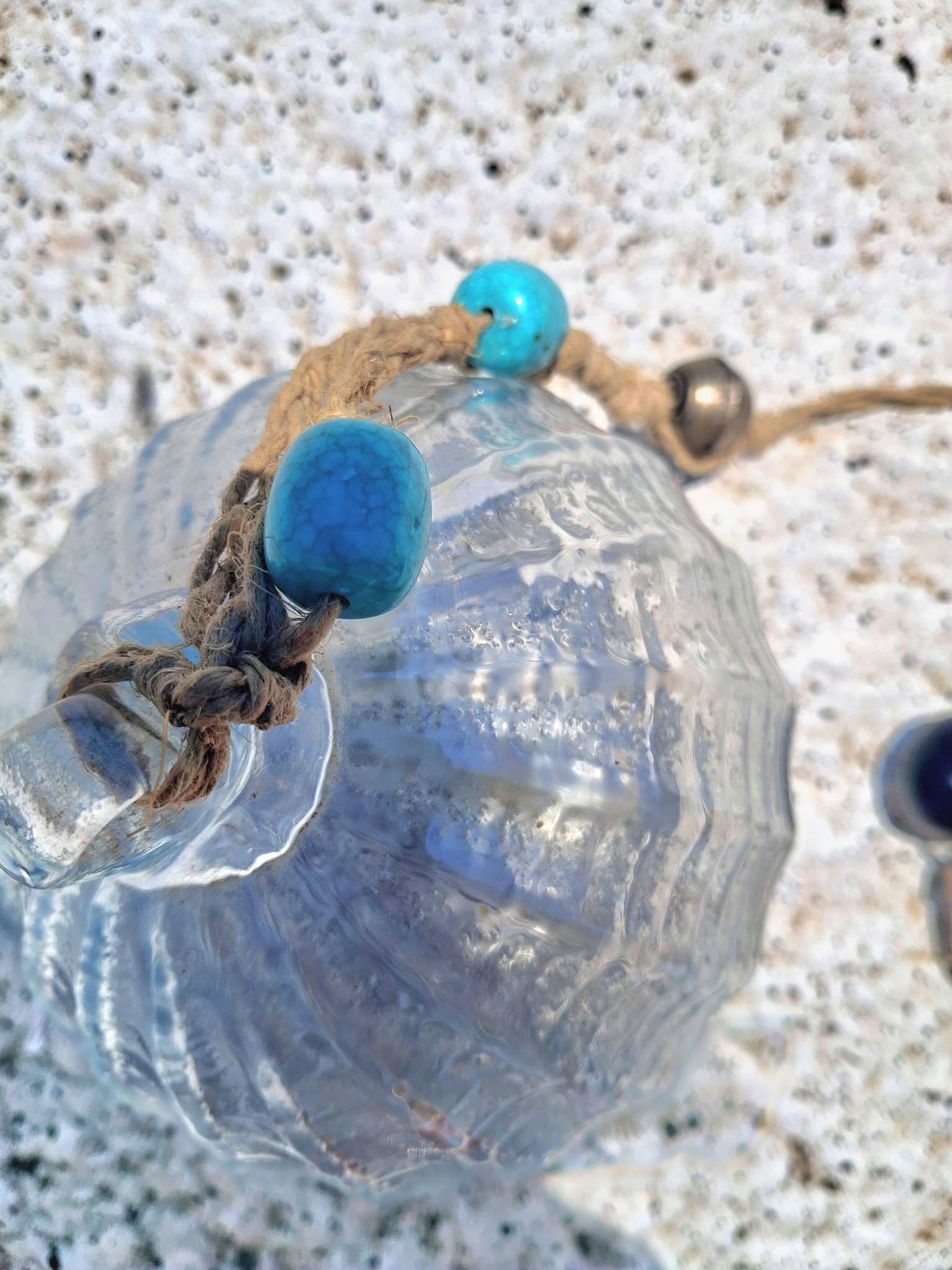 Pearlescent Blue Hand Blown Glass Friendship Ball 4 Inch with Hemp Cord & Beaded Hanger
