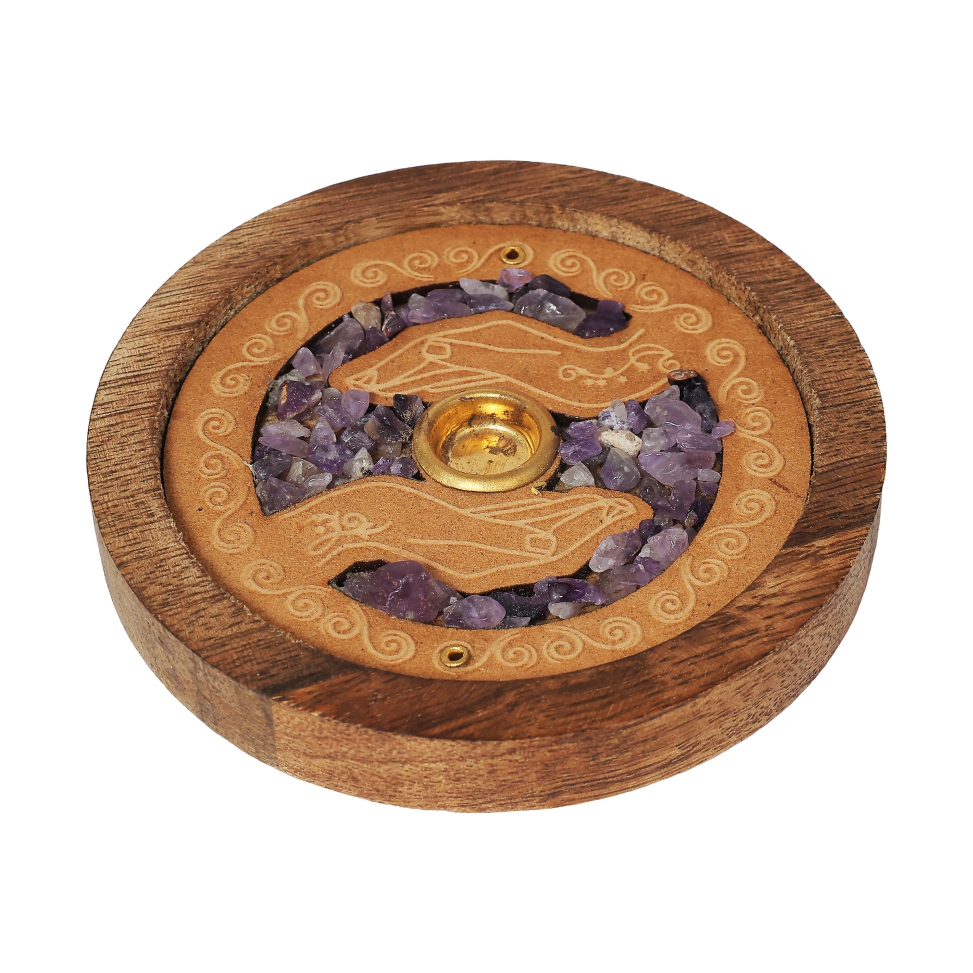Amethyst Healing Hands Wood Incense Holder | 3" Round | Cone & Stick | Altar & Meditation Decor