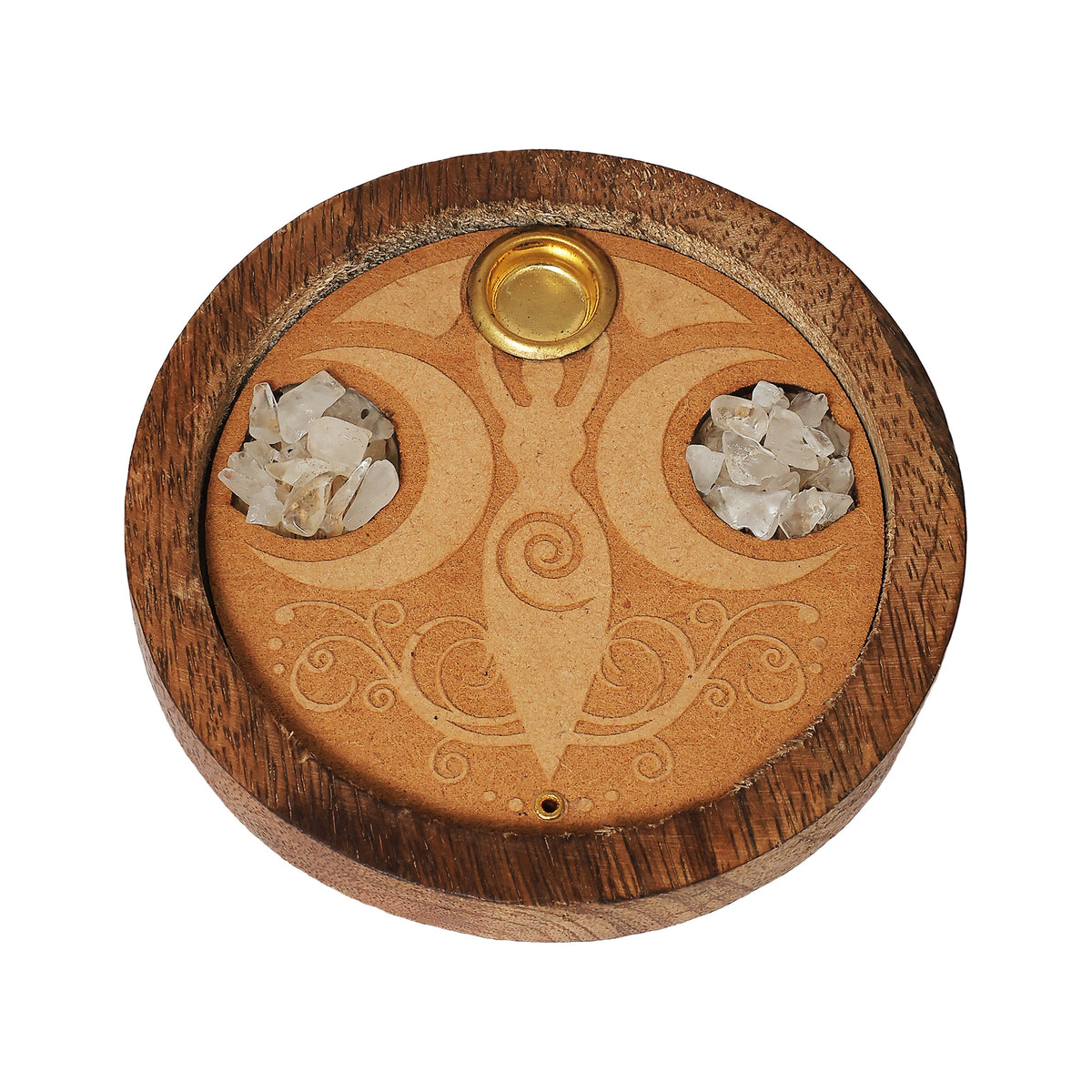Triple Goddess Crystal Quartz Wood Incense Holder | 3" Round | Cone and Stick | Altar & Ritual Decor
