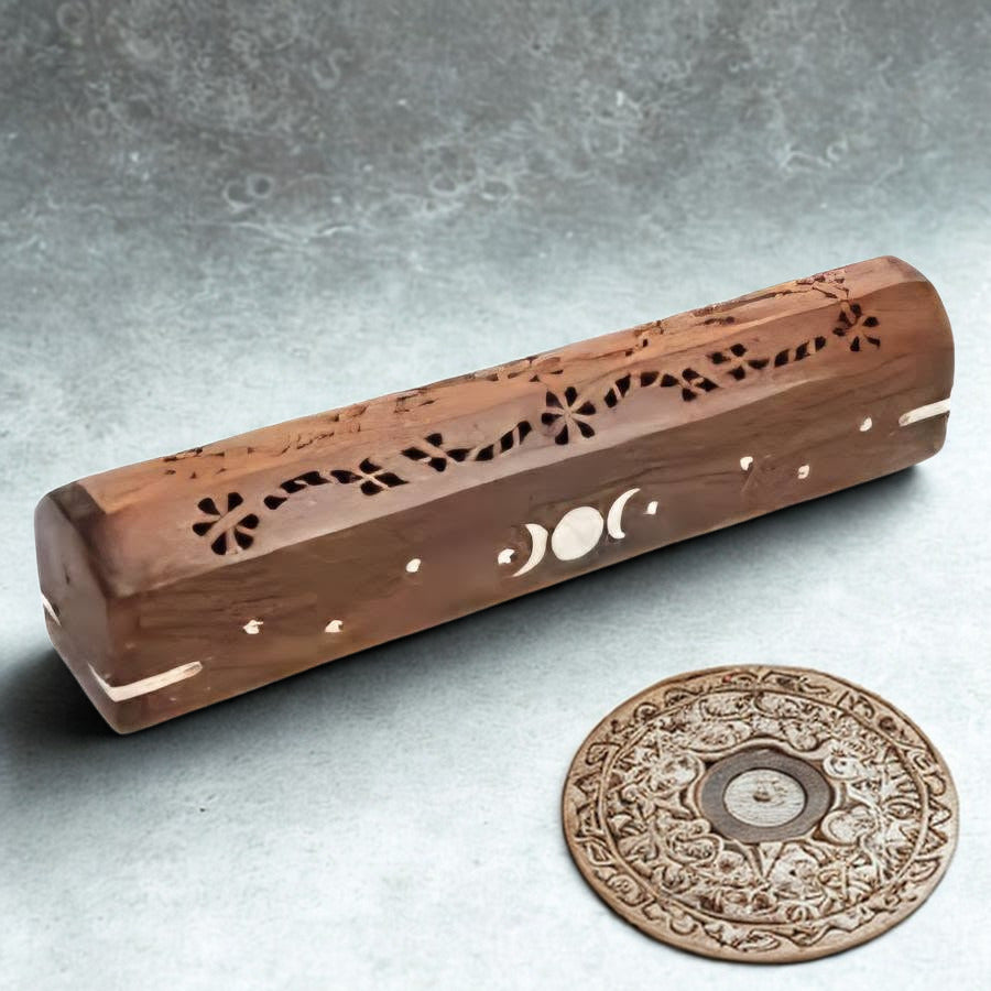 Triple Moon Wood Incense Box Burner 12"