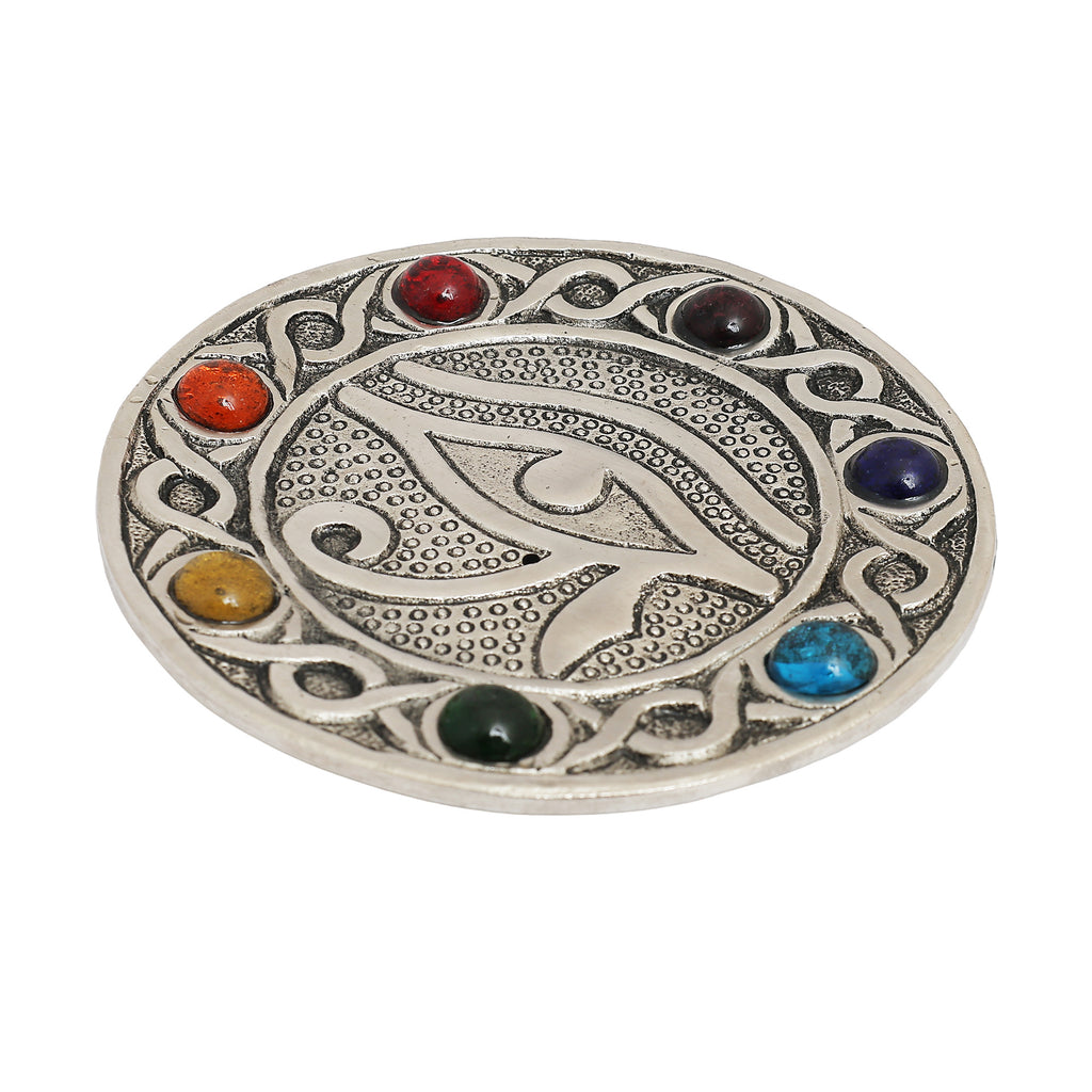 Eye of Horus 7 Chakra Stone Metal Incense Holder | 5" Round | Cone & Stick | Altar Decor