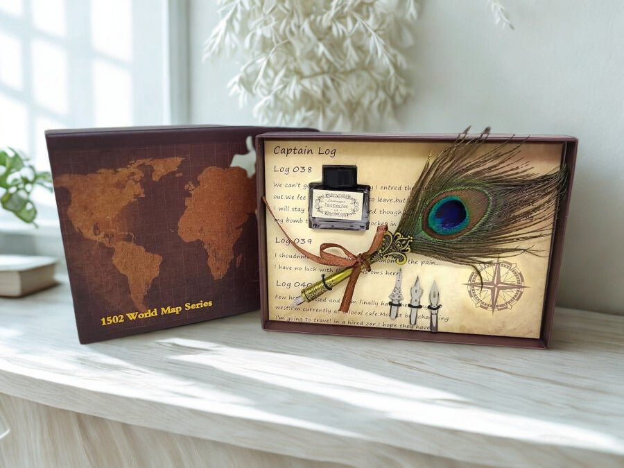Peacock Feather Quill Pen Dip Set Unique