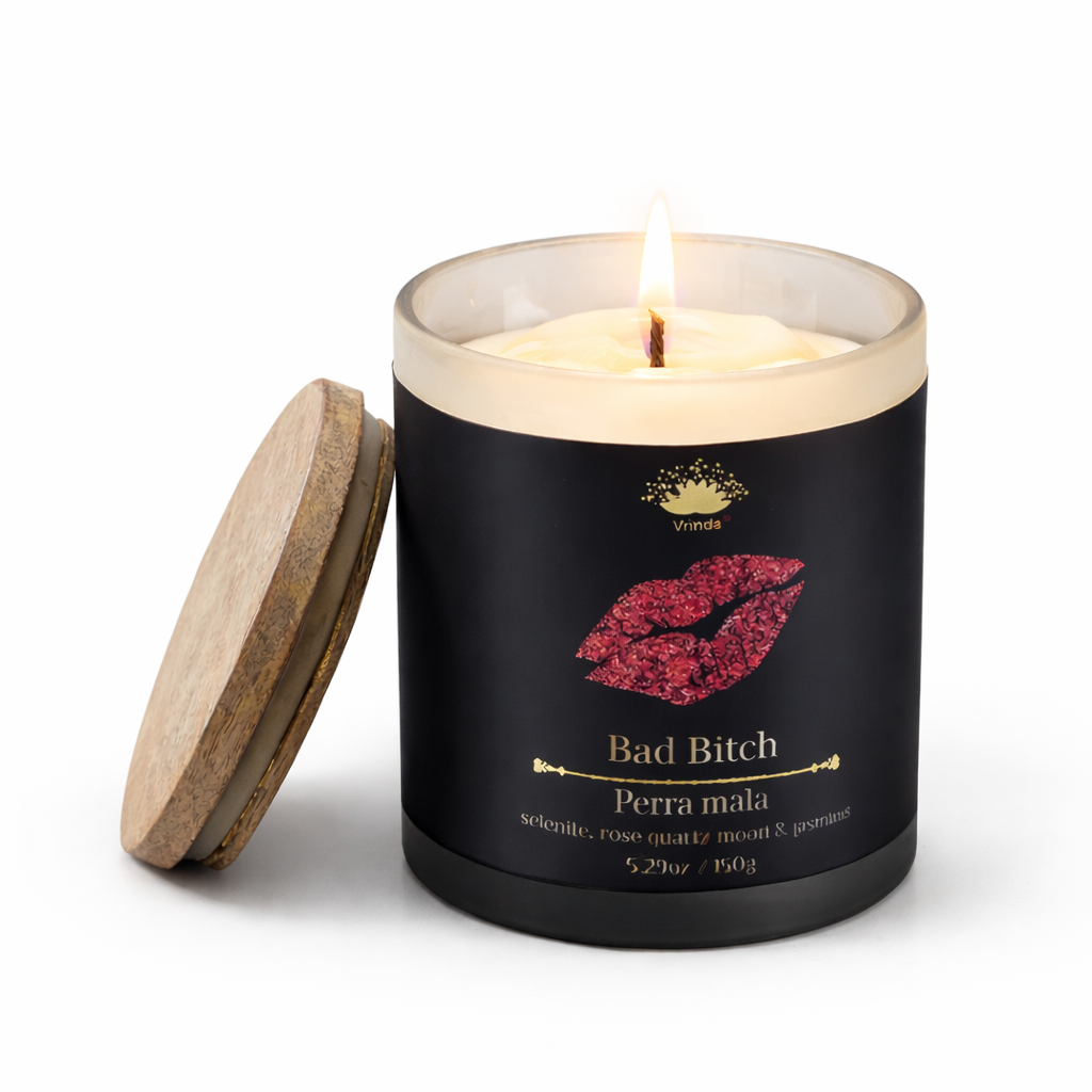 Bad Bitch Ritual Candle by Vrinda | Manifestation, Abundance & Confidence | Selenite & Rose Quartz Moon | Soy Blend