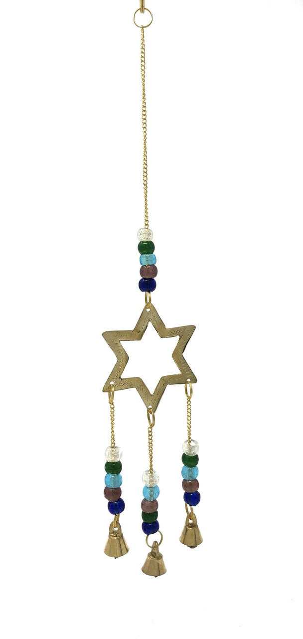Brass Star Wind Chime with Bells | Colorful Beads | 12" | Sacred Space & Boho Home Decor