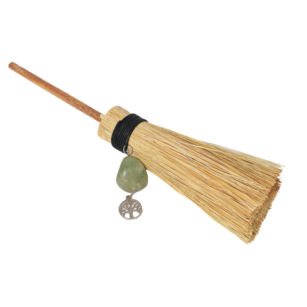 Green Aventurine Tree of Life Ritual Altar Broom 9" | Wiccan Besom | Crystal Charm | Handmade in India