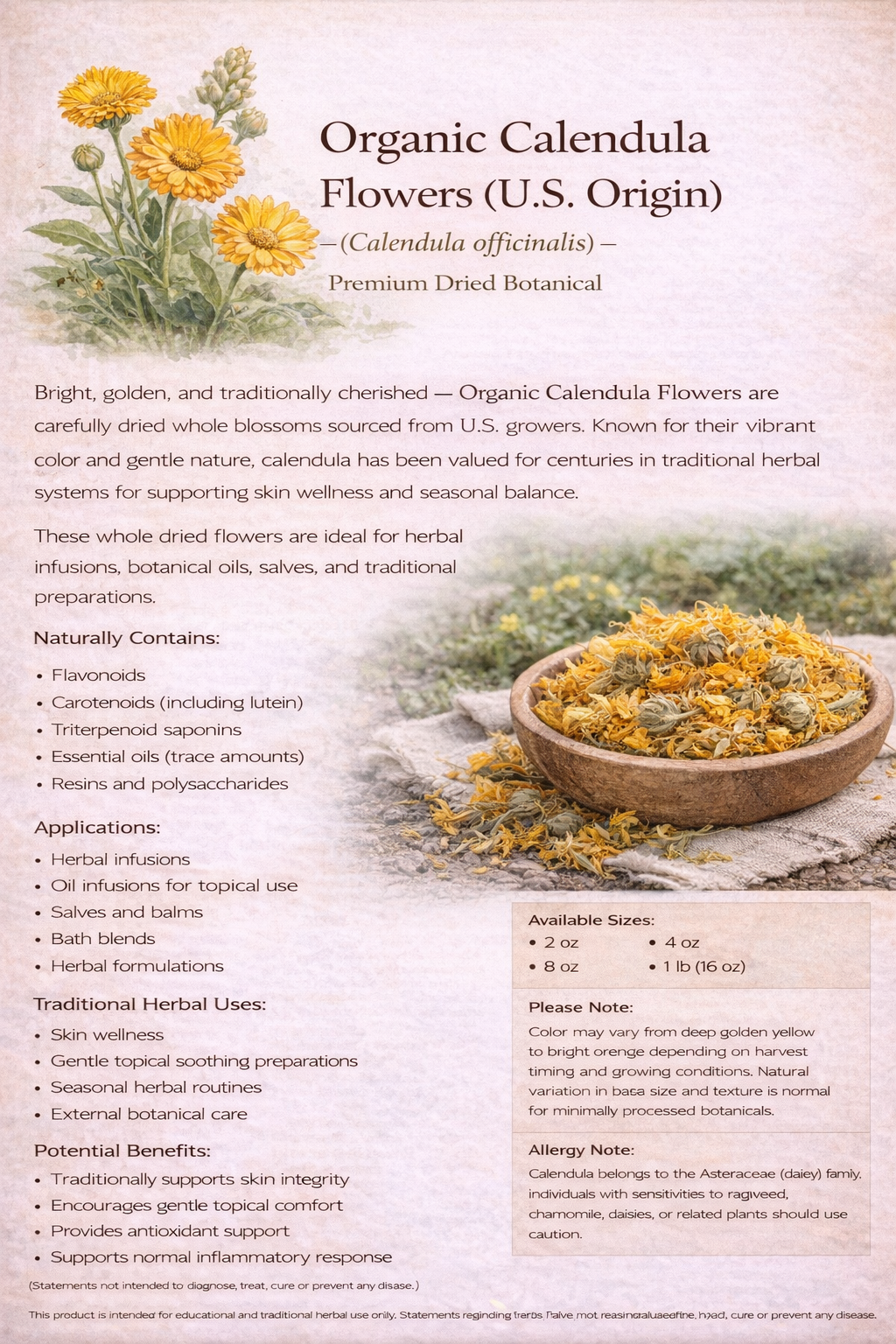 Organic Calendula Flowers (Calendula officinalis) – Premium Dried Botanical – U.S. Origin