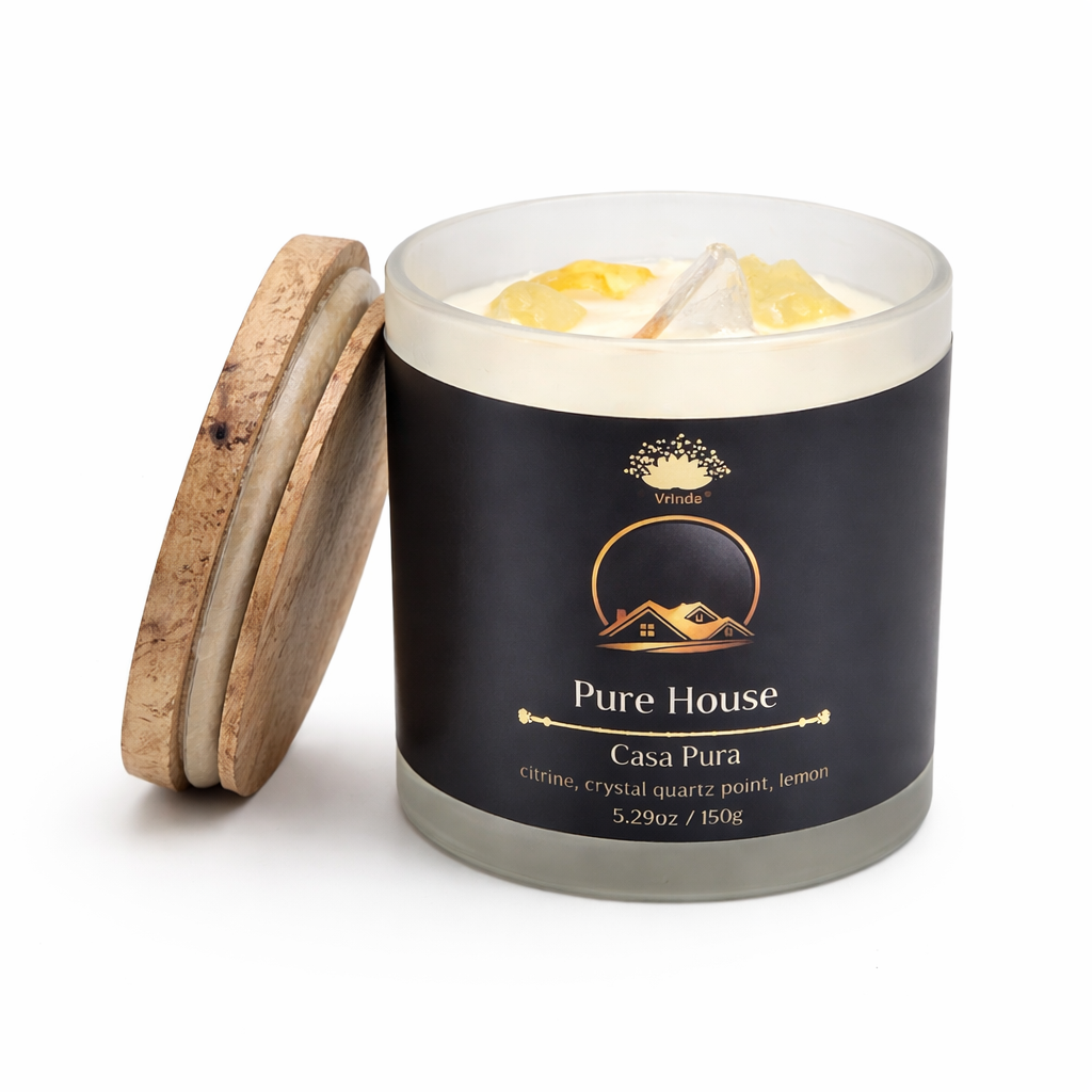 Pure House Scented Glass Candle with Crystals – Cleansing, Protection & Positive Energy | Citrine & Crystal Quartz | Lemon Soy Blend