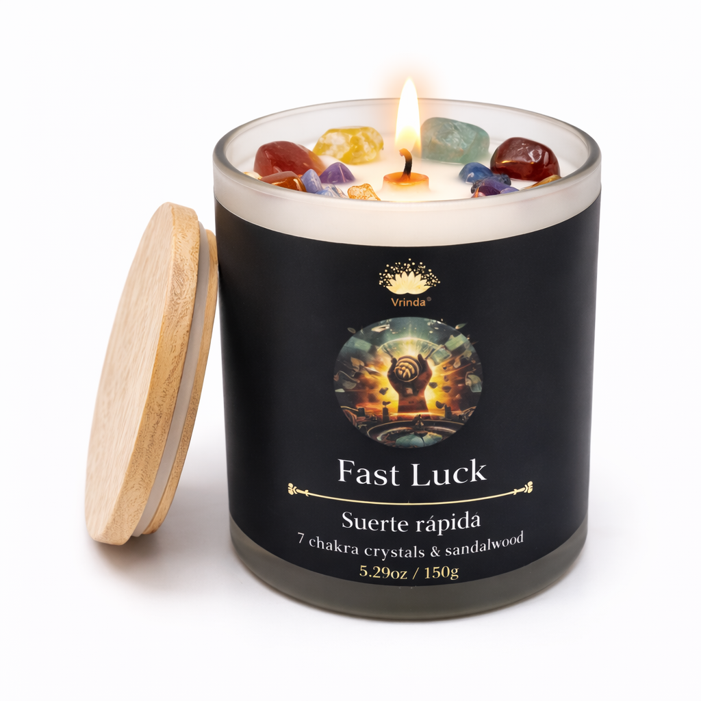 Fast Luck (Suerte Rapida) Scented Crystal Candle | 7 Chakra Crystals & Sandalwood | Soy Blend 5.29oz