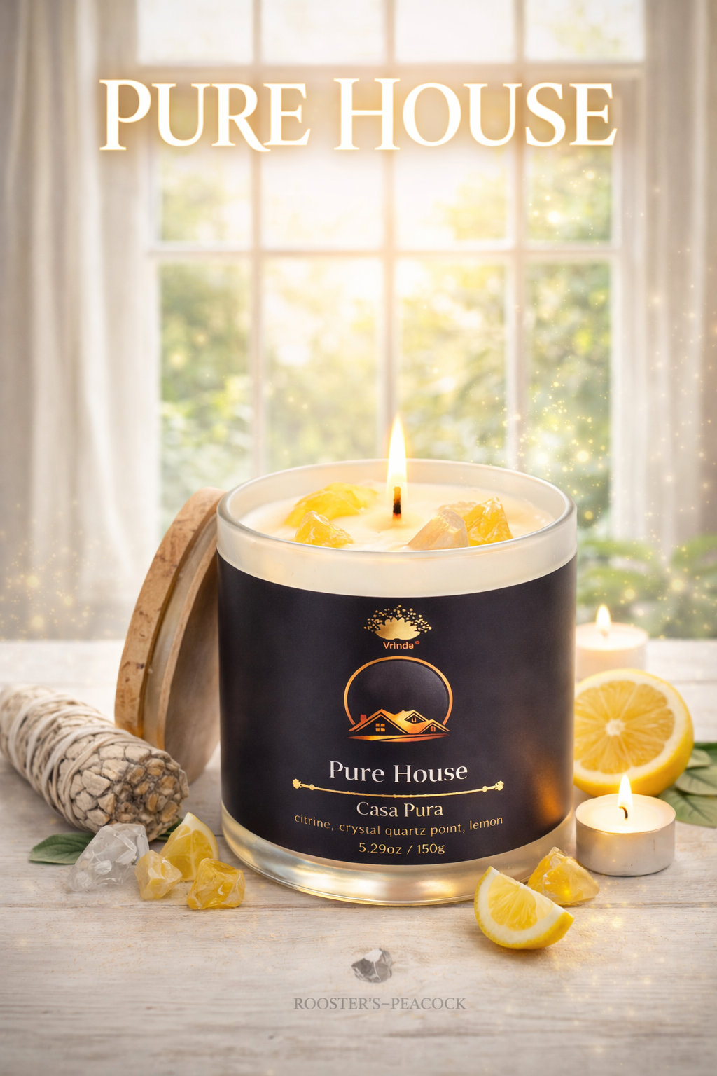 Pure House Scented Glass Candle with Crystals – Cleansing, Protection & Positive Energy | Citrine & Crystal Quartz | Lemon Soy Blend