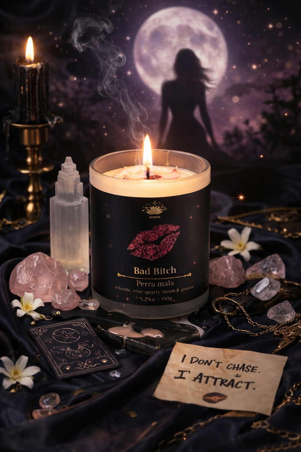 Bad Bitch Ritual Candle by Vrinda | Manifestation, Abundance & Confidence | Selenite & Rose Quartz Moon | Soy Blend