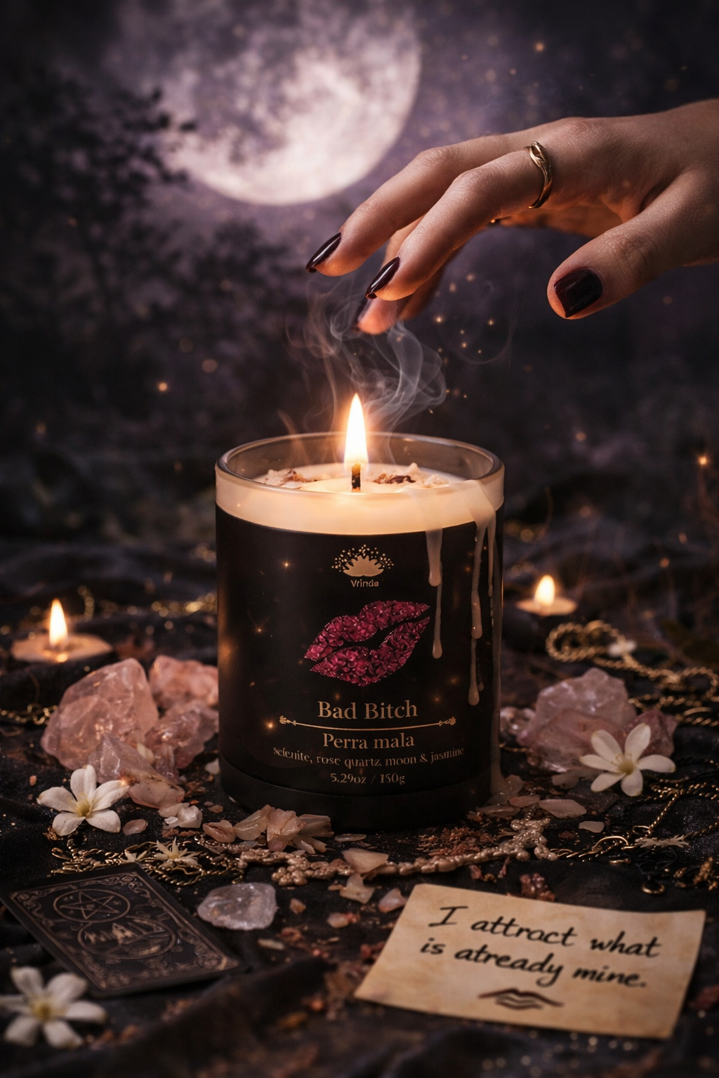 Bad Bitch Ritual Candle by Vrinda | Manifestation, Abundance & Confidence | Selenite & Rose Quartz Moon | Soy Blend