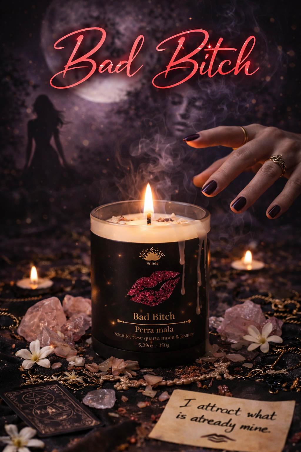 Bad Bitch Ritual Candle by Vrinda | Manifestation, Abundance & Confidence | Selenite & Rose Quartz Moon | Soy Blend
