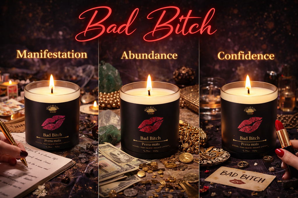 Bad Bitch Ritual Candle by Vrinda | Manifestation, Abundance & Confidence | Selenite & Rose Quartz Moon | Soy Blend