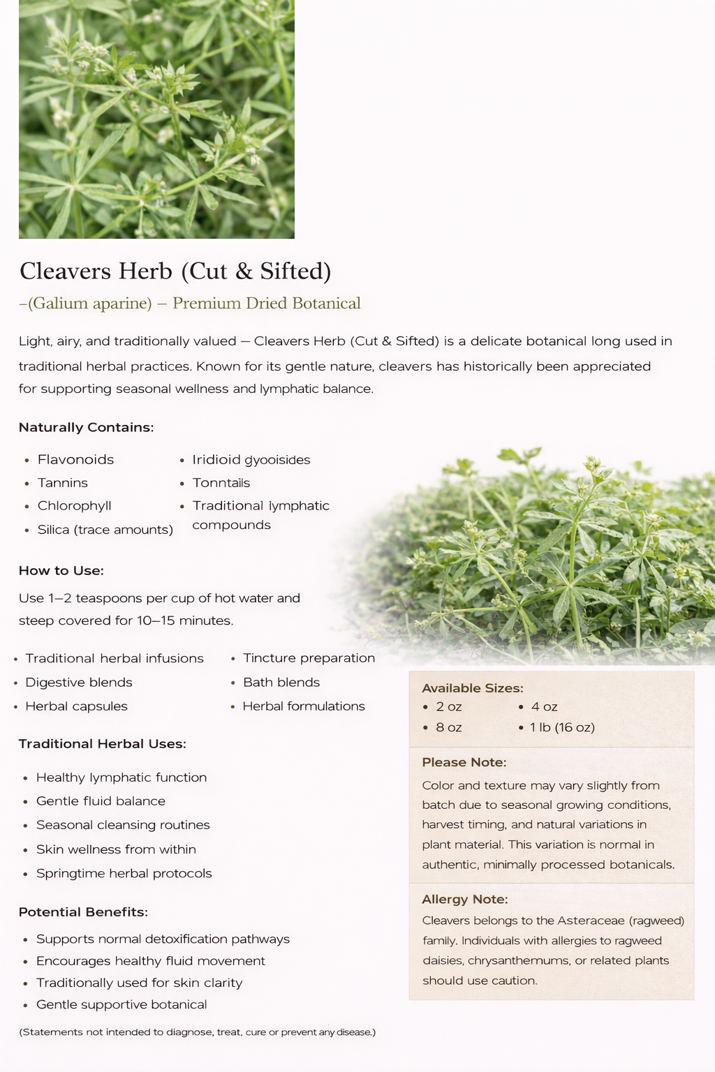 Cleavers Herb Cut & Sifted (Galium aparine) – Premium Dried Botanical