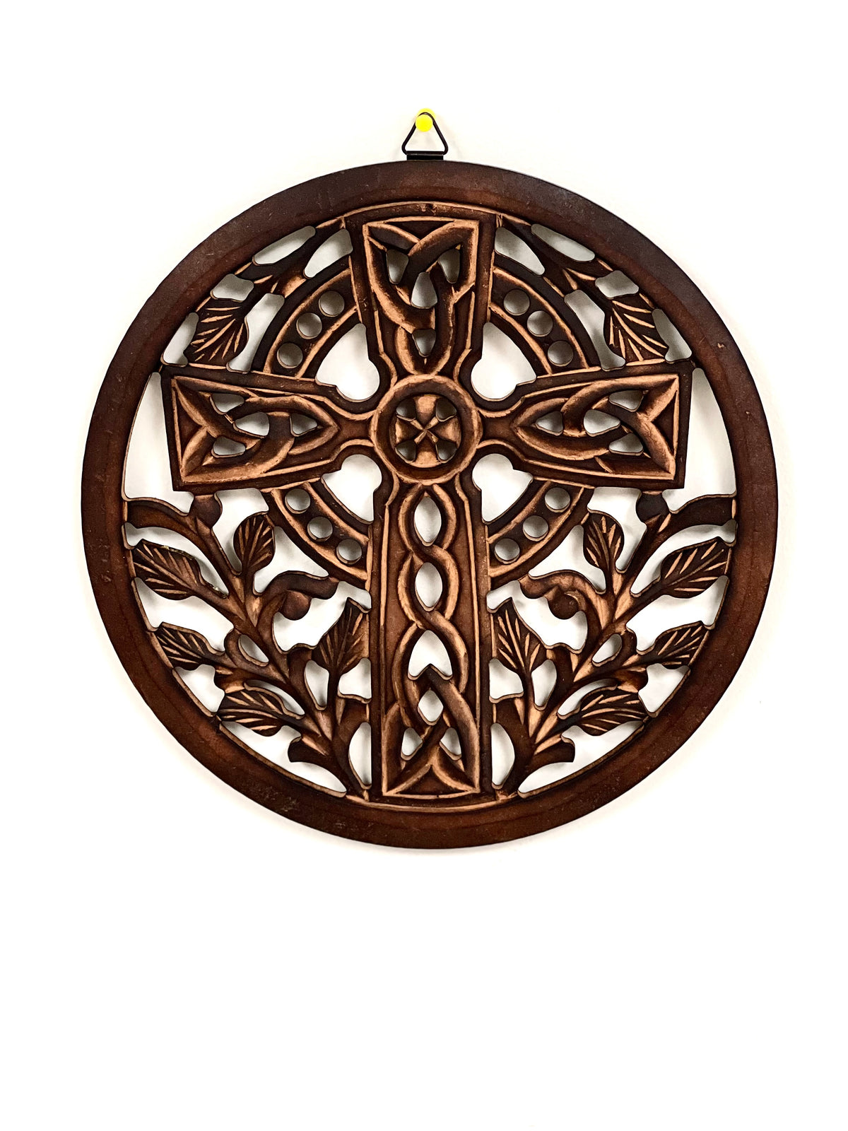 Hand-Carved Celtic Cross Wood Wall Hanging | 12" Round | Celtic Knotwork & Leaf Motifs