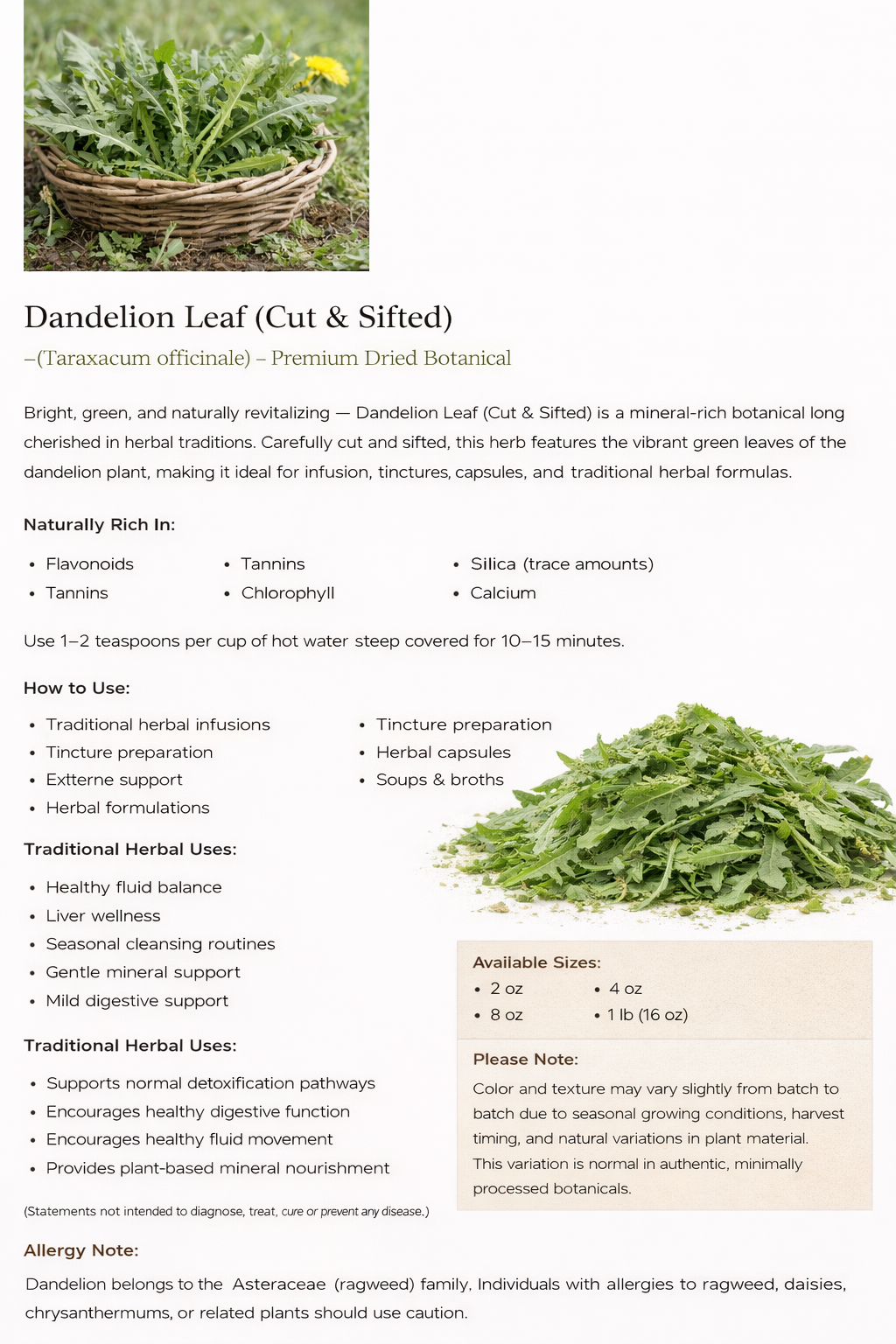 Dandelion Leaf Powder (Taraxacum officinale) – Premium Dried Botanical