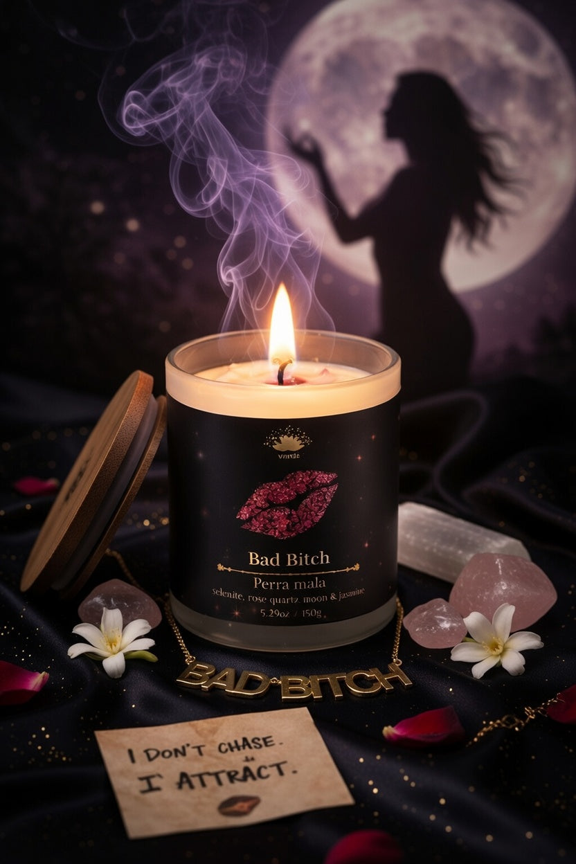 Bad Bitch Ritual Candle by Vrinda | Manifestation, Abundance & Confidence | Selenite & Rose Quartz Moon | Soy Blend