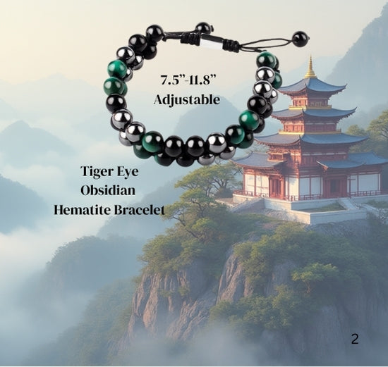 Bracelet with tiger eye, obsidian, and hematite stones on a scenic background with a pagoda.