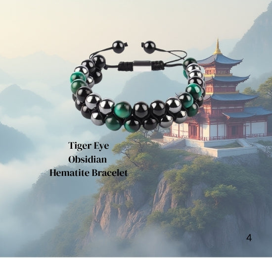Beaded bracelet with tiger eye, obsidian, and hematite on a mountainous background
