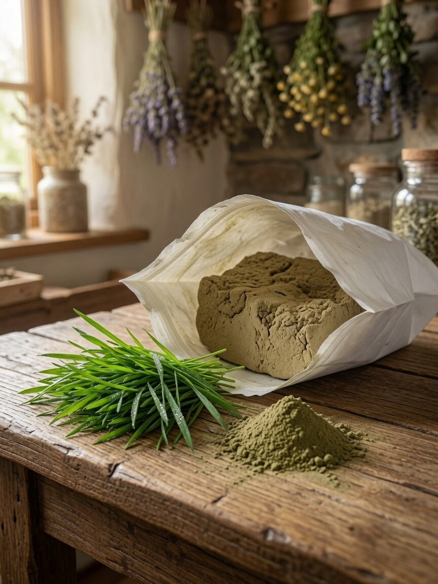 Wheatgrass powder in paper bag with fresh wheatgrass on rustic wood table