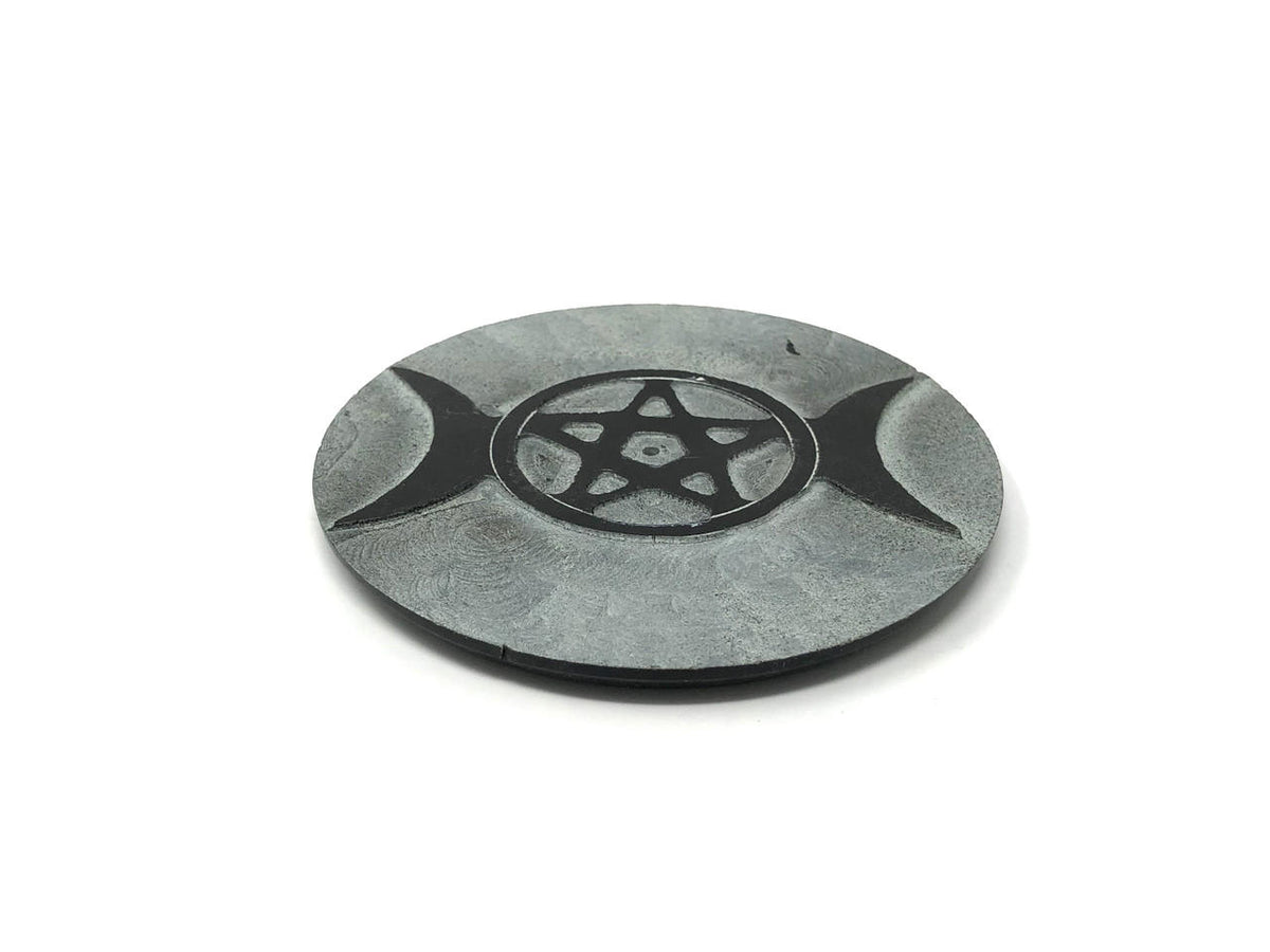 Triple Moon Pentacle Stone Incense Burner | 4" Round | Stick & Cone | Black Soapstone