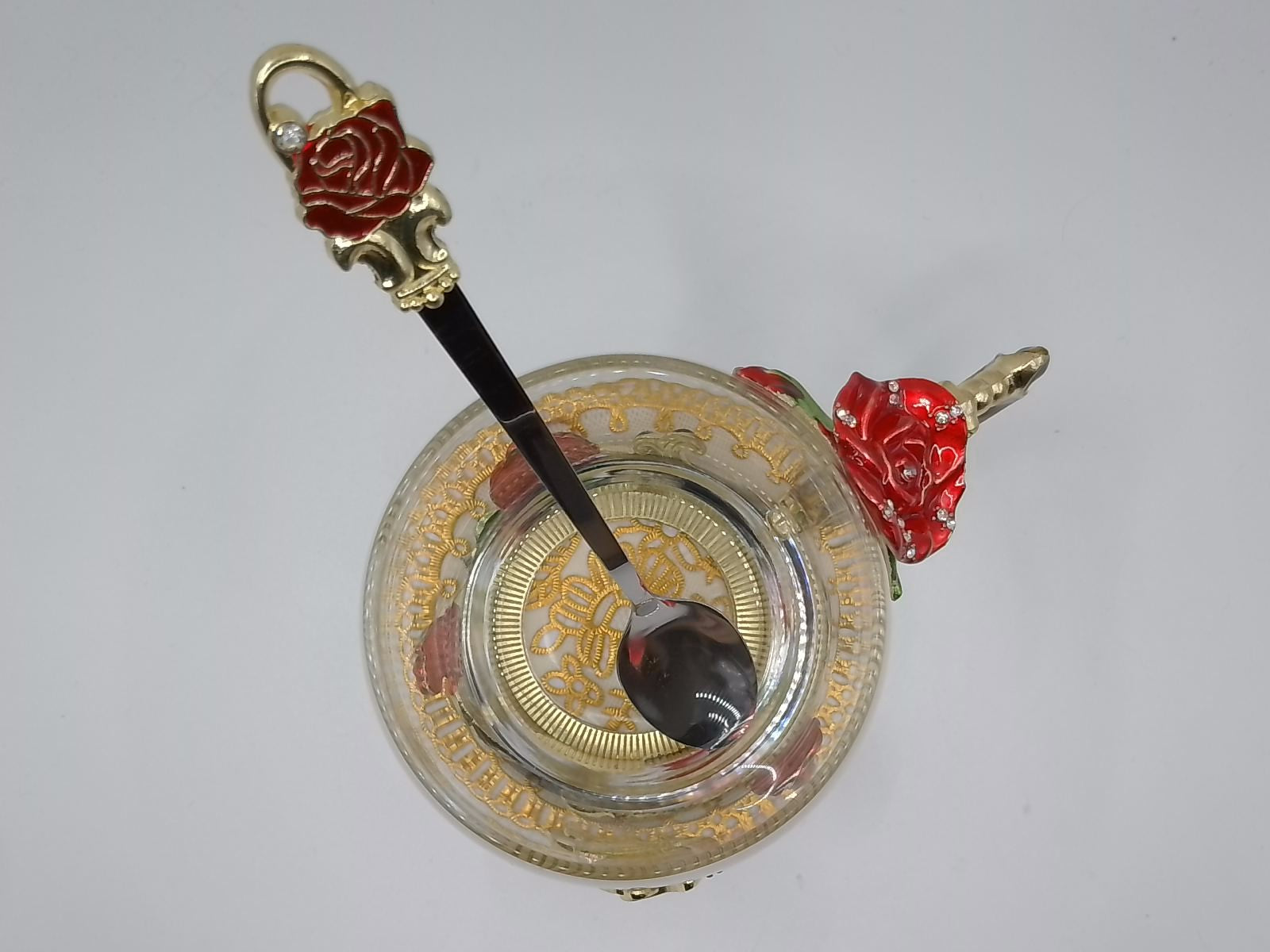 Enamel Rose & Butterfly Glass Tea Mug Set with Spoon & Coaster – Red Decorative Cup Gift