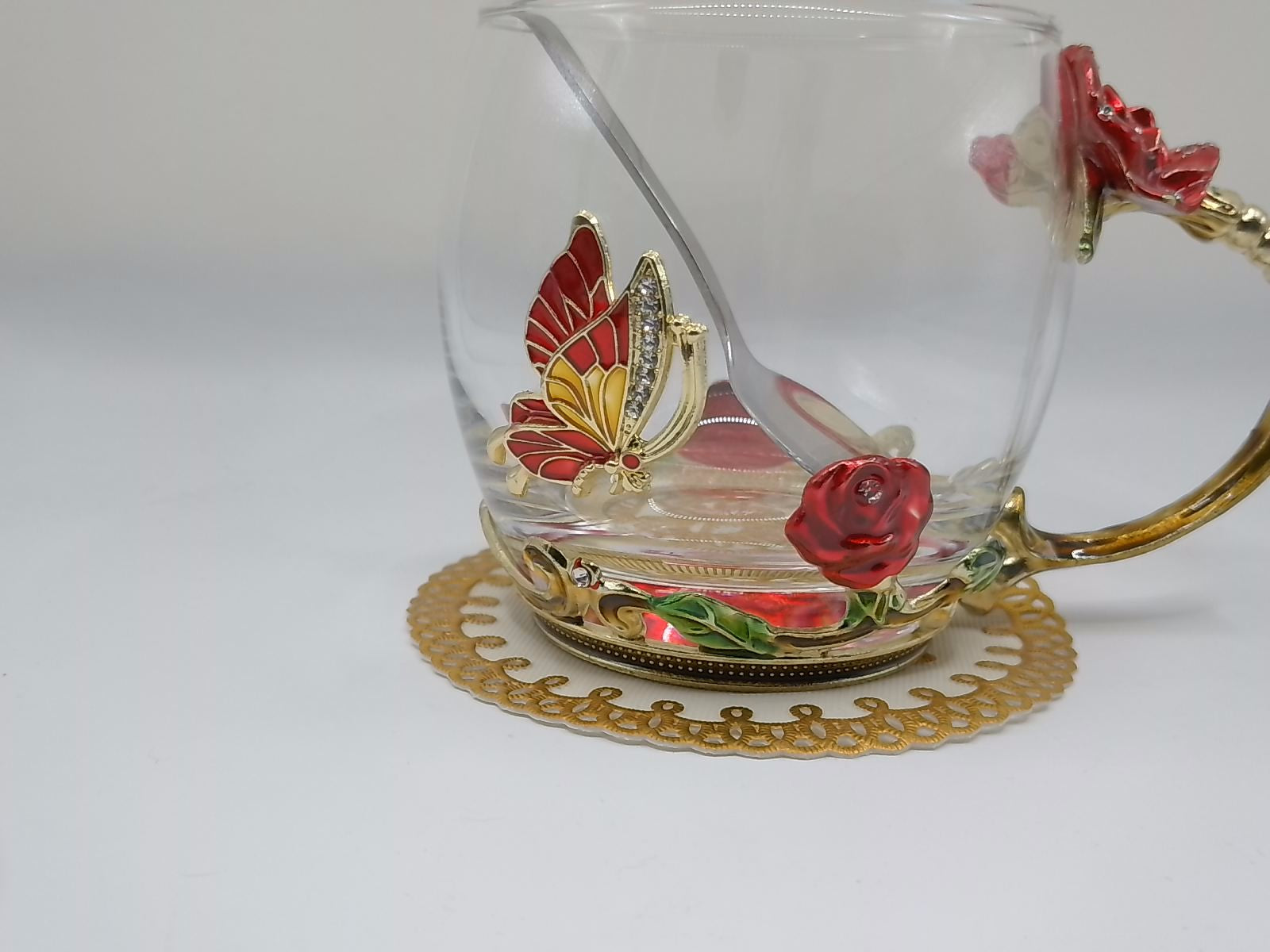 Enamel Rose & Butterfly Glass Tea Mug Set with Spoon & Coaster – Red Decorative Cup Gift