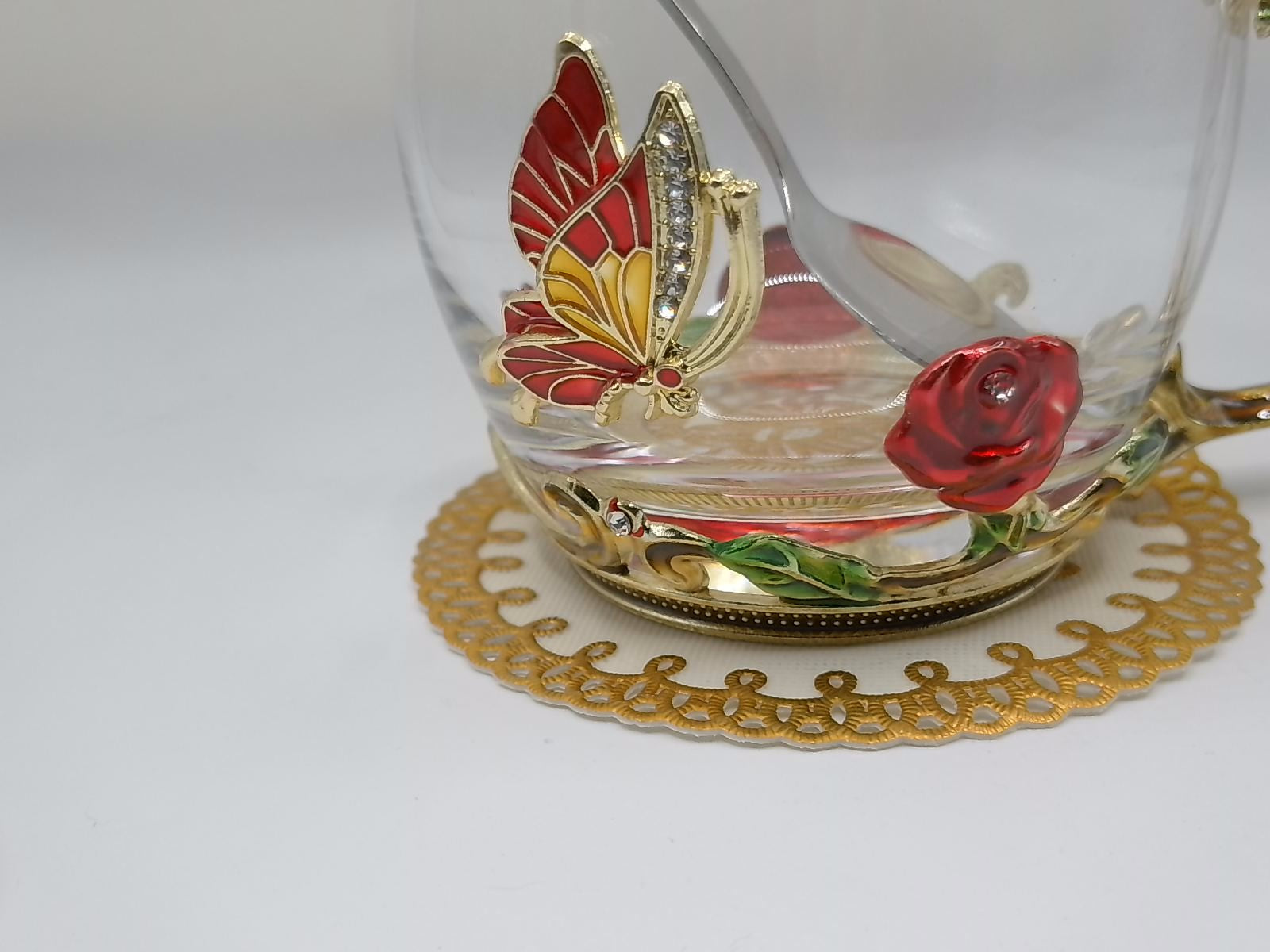Enamel Rose & Butterfly Glass Tea Mug Set with Spoon & Coaster – Red Decorative Cup Gift