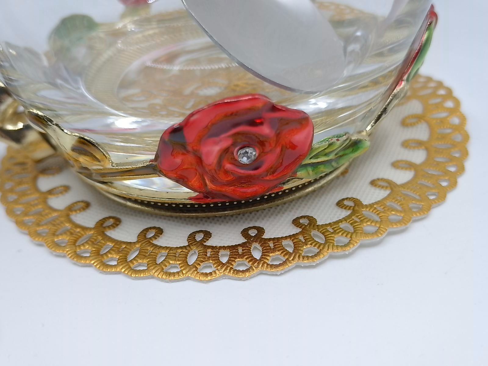 Enamel Rose & Butterfly Glass Tea Mug Set with Spoon & Coaster – Red Decorative Cup Gift