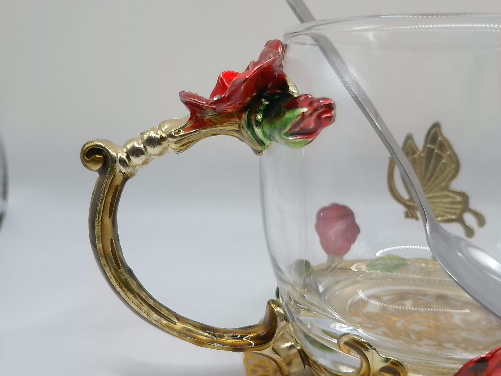 Enamel Rose & Butterfly Glass Tea Mug Set with Spoon & Coaster – Red Decorative Cup Gift