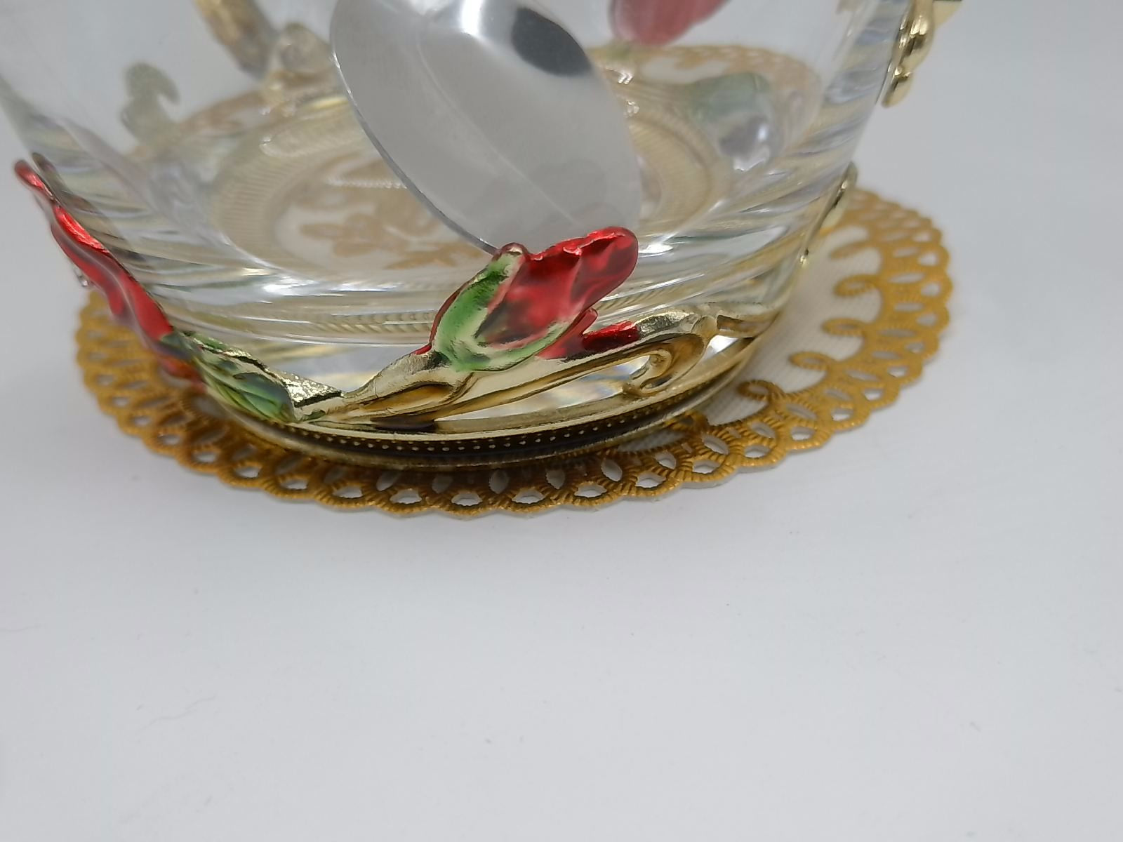 Enamel Rose & Butterfly Glass Tea Mug Set with Spoon & Coaster – Red Decorative Cup Gift