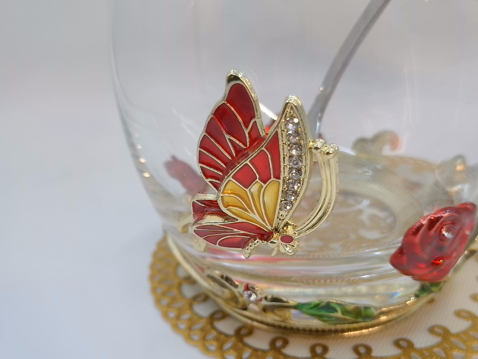 Enamel Rose & Butterfly Glass Tea Mug Set with Spoon & Coaster – Red Decorative Cup Gift