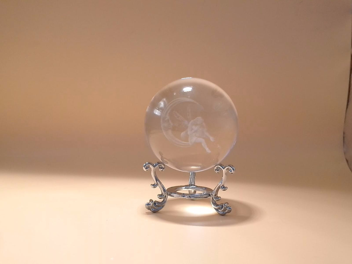 60mm 3D Laser Engraved Moon & Fairy Crystal Ball with Metal Stand - Fantasy Decor Sphere Paperweight