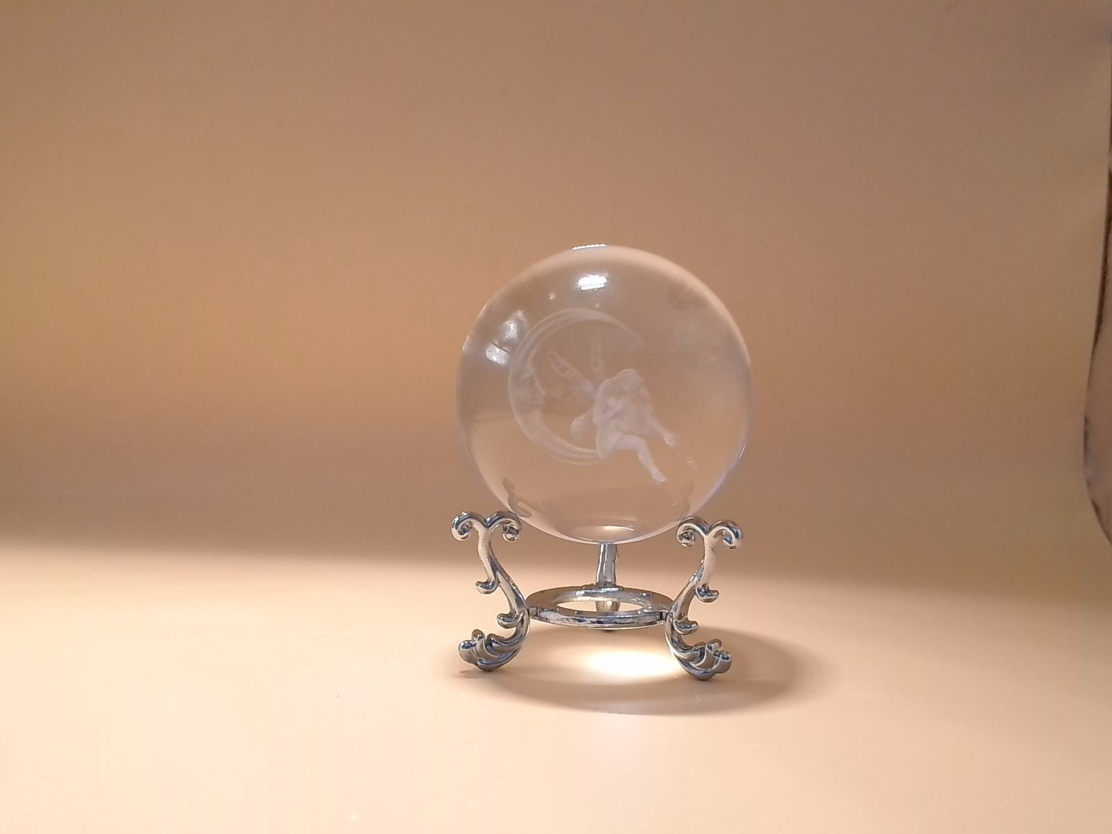 60mm 3D Laser Engraved Moon & Fairy Crystal Ball with Metal Stand - Fantasy Decor Sphere Paperweight