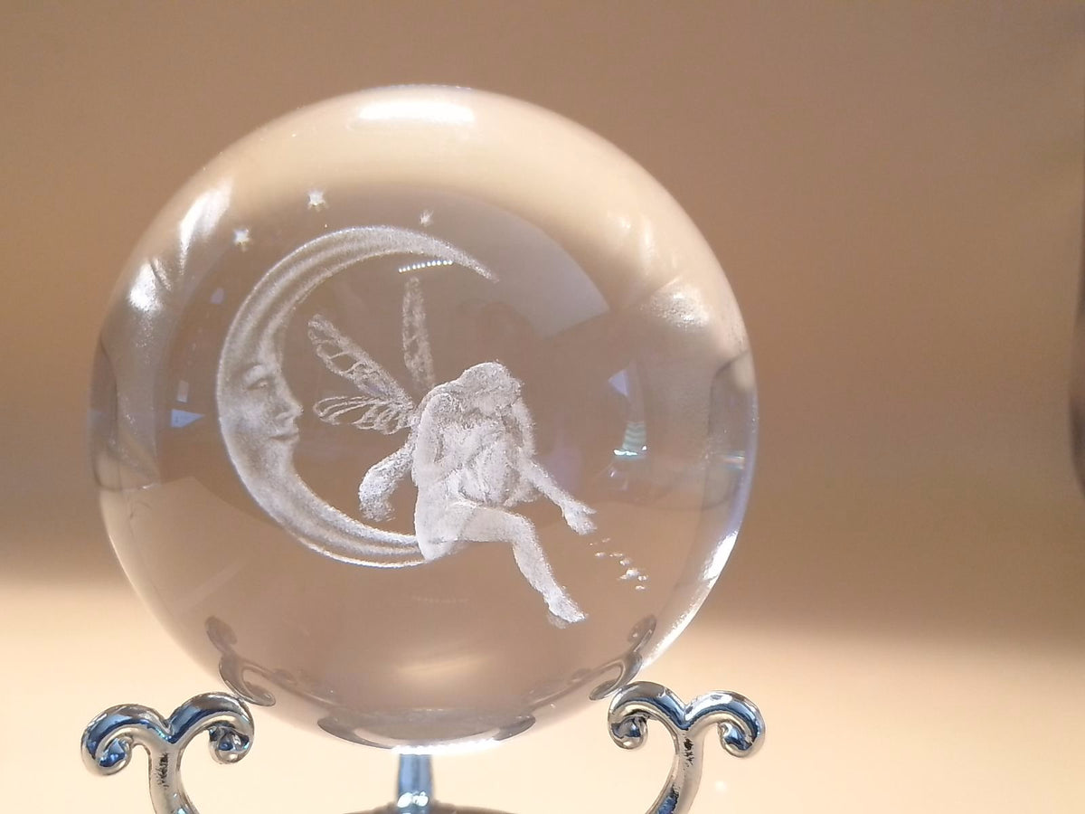60mm 3D Laser Engraved Moon & Fairy Crystal Ball with Metal Stand - Fantasy Decor Sphere Paperweight
