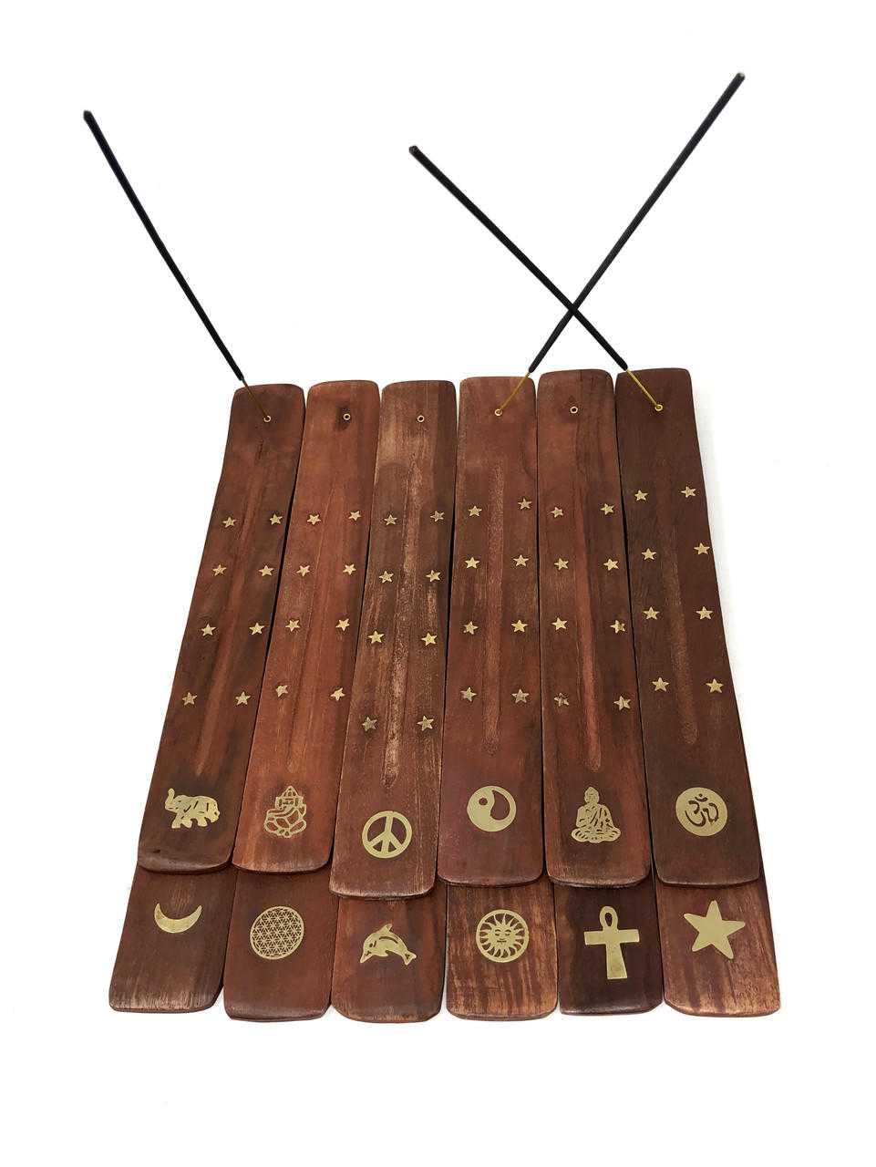 Sacred Symbol Wood Incense Holder | Brass Inlay | 12 Designs | Elephant, Om, Ankh, Moon & More