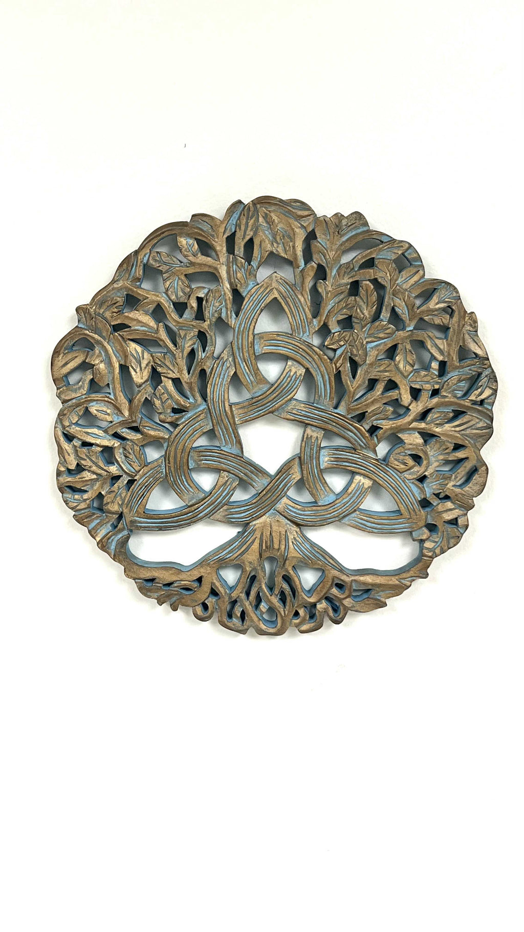 Hand-Carved Triquetra Tree of Life Wood Wall Hanging | 12" Gold | Celtic Knotwork | Altar & Home Decor