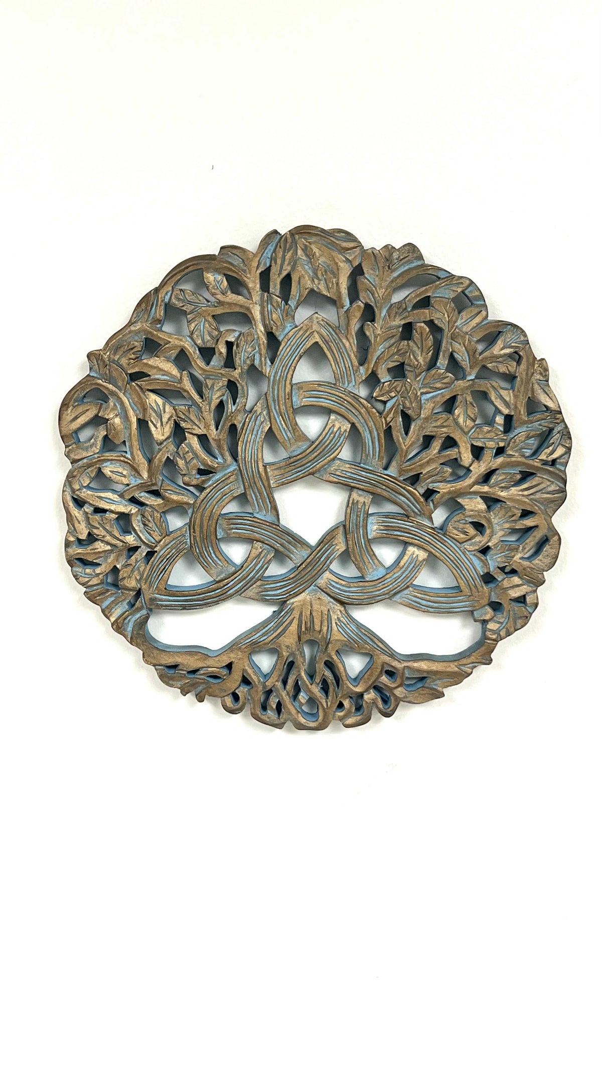 Hand-Carved Triquetra Tree of Life Wood Wall Hanging | 12" Gold | Celtic Knotwork | Altar & Home Decor