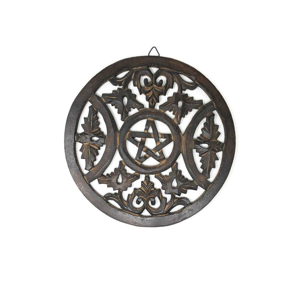 Triple Moon Pentacle Mango Wood Wall Hanging | 12" | Sacred Home Decor | Wiccan & Pagan Wall Art