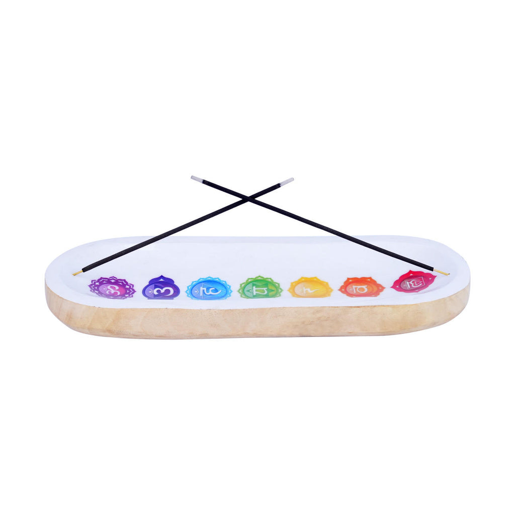 7 Chakra Incense Holder 11" Wood Boat Shape | Dual Stick Holes | Ash Tray | Meditation & Yoga