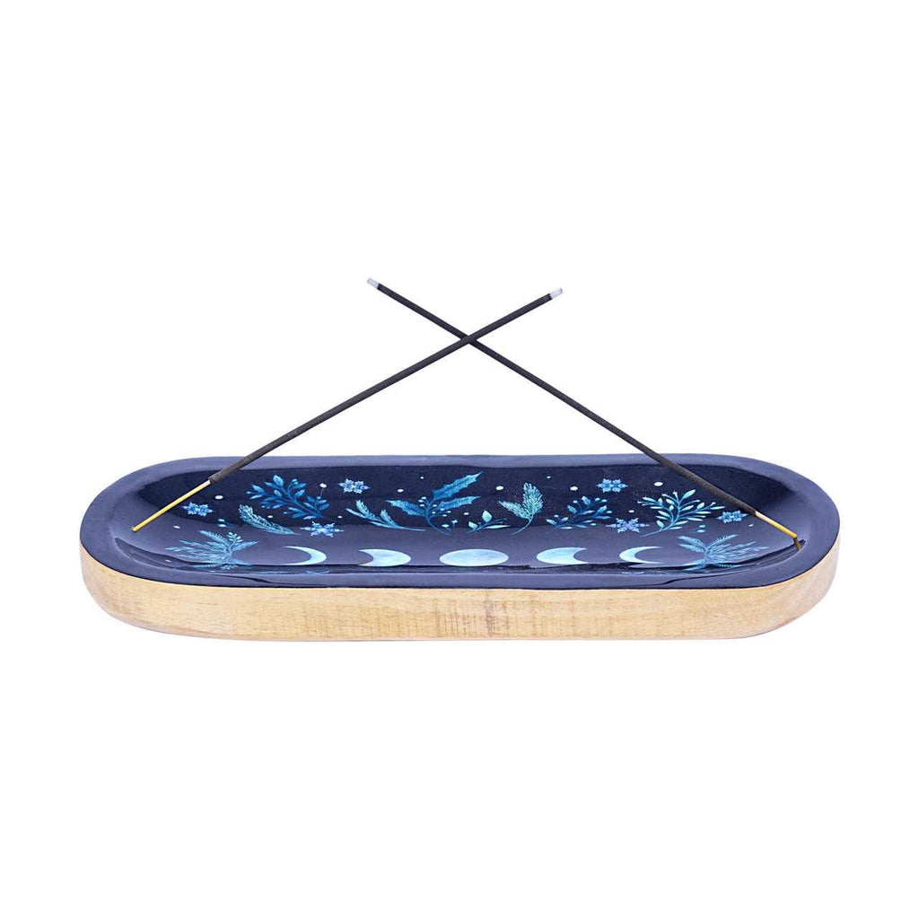 Moon Phases Wood Boat Shape Incense Holder 11" | Dual Stick Holes | Ash Tray | Wiccan & Pagan Altar