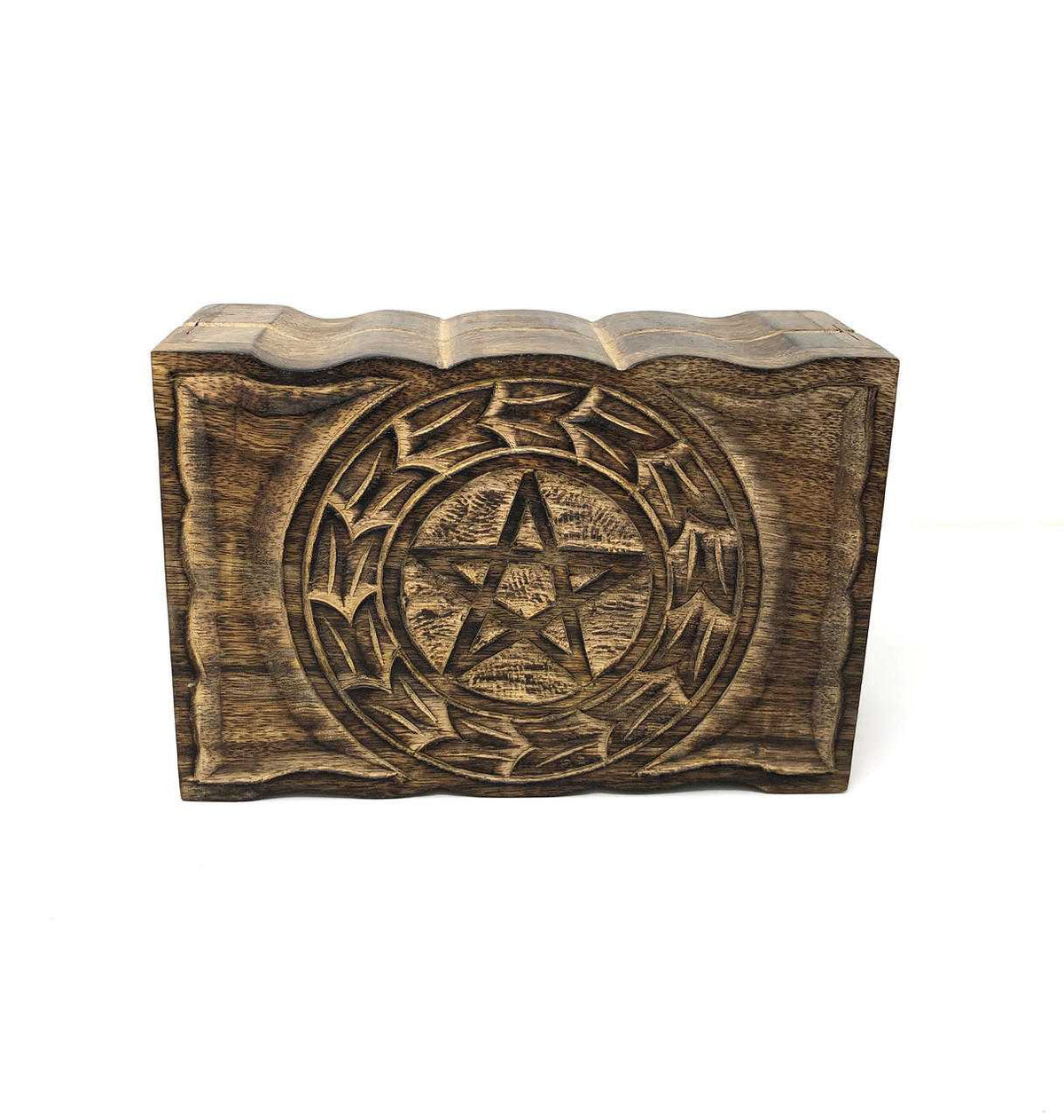Pentagram Carved Mango Wood Box | 6x9" | Tarot, Crystals & Ritual Storage