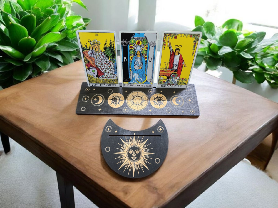 Wooden Tarot Card Holder 2 Piece Set | Moon Phase Design 3"W x 10"L
