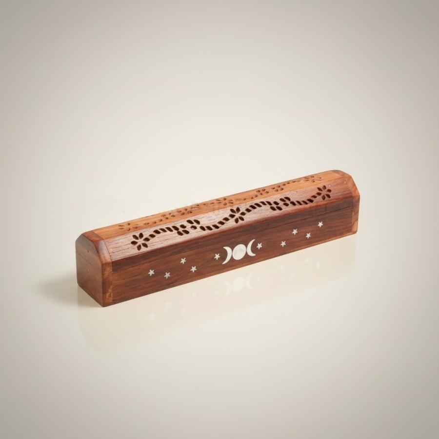 Triple Moon Wood Incense Box Burner 12"