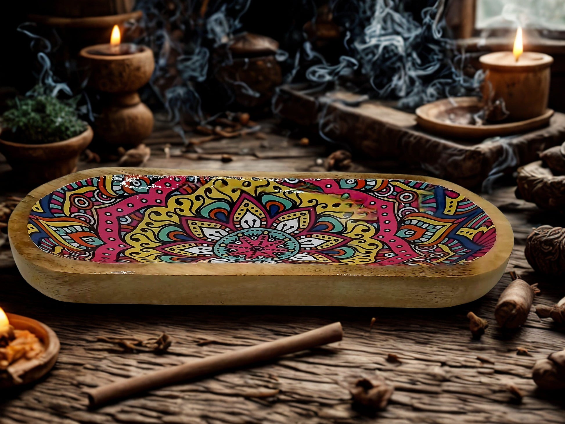 Mandala Multicolor Wood Incense Burner included as a Sacred Smoke kit option
