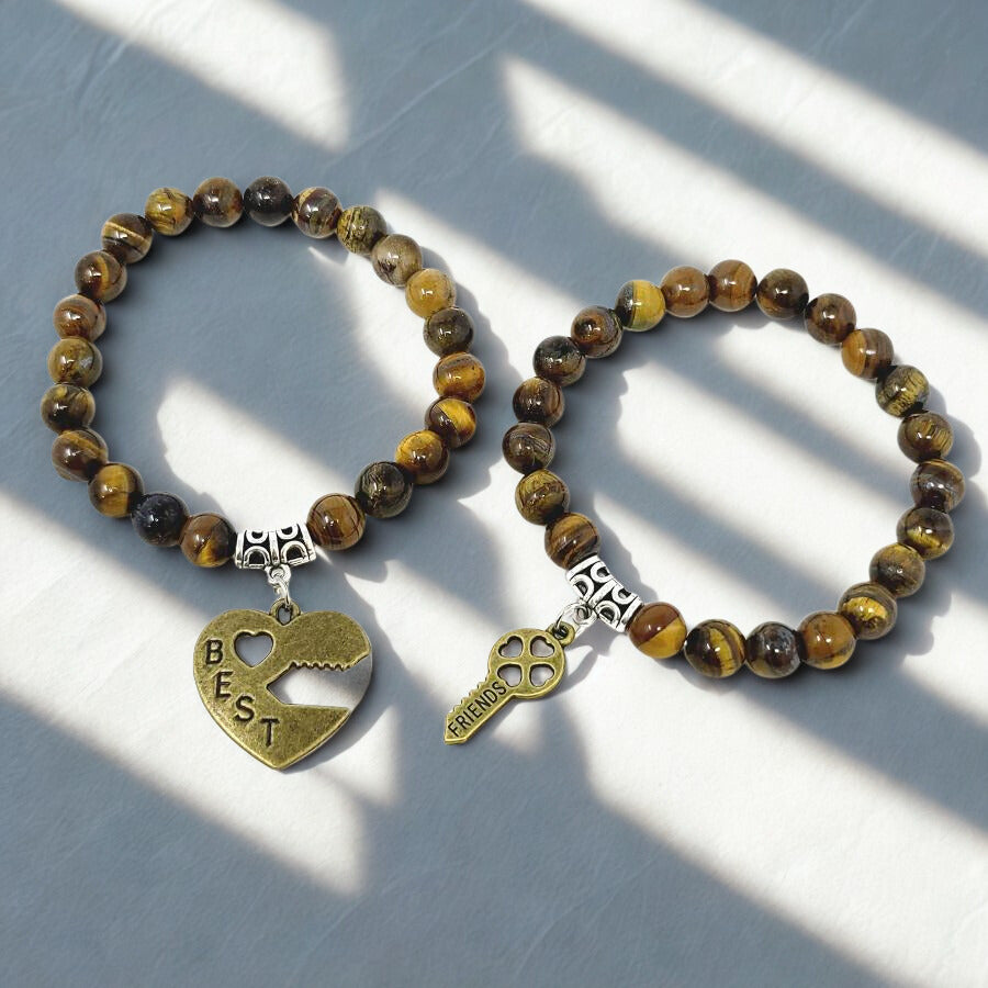 Best Friends Lovers Family Tiger's Eye Bracelet Set - Heart Lock & Key Charm (2-Piece BFF Pair)