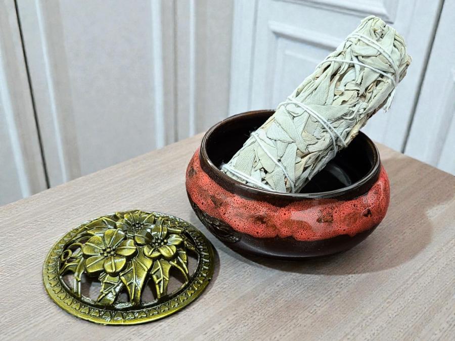 Ceramic Incense Burner Bowl with Floral Lid - 3.75 Inch Charcoal Holder (Choose Color)