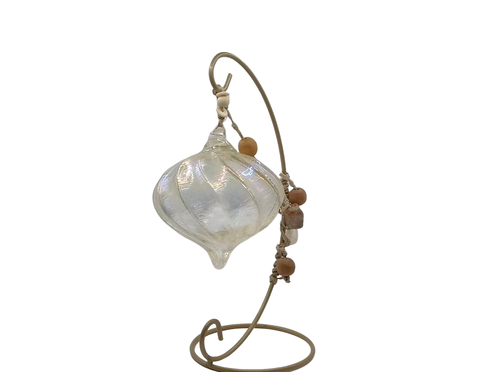 Handblown Iridescent Teardrop Glass Friendship Ornament with Macrame Hanger & Beads - Boho Artisan Decor on 9" Stand (From Roosters Peacock Personal Collection)